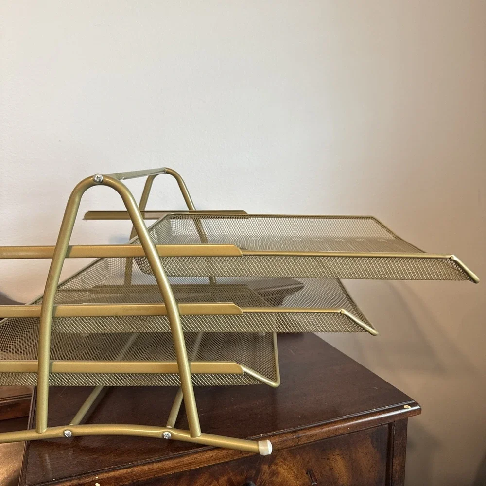 3 Tier Pull Out Document File Organizer Rack Desk Letter Tray Mesh Metal Gold
